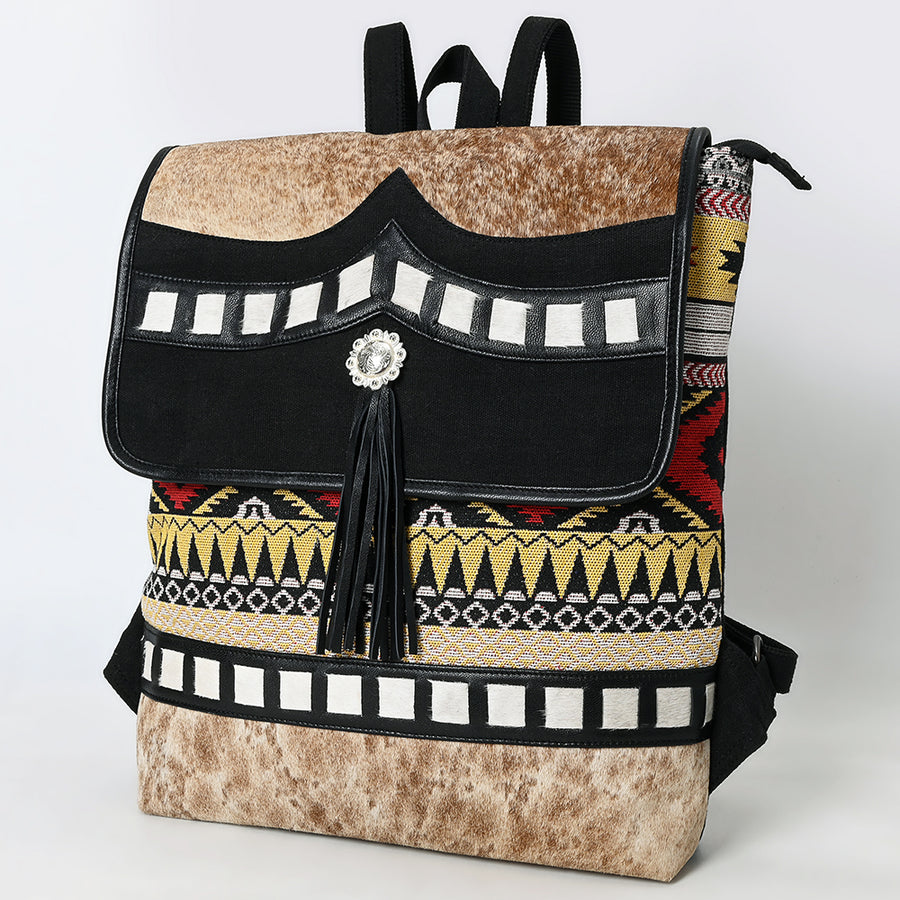 OHLAY Backpack Hair On Upcycled Canvas Genuine Leather Women Bag Western Handbag Purse - Uhorse