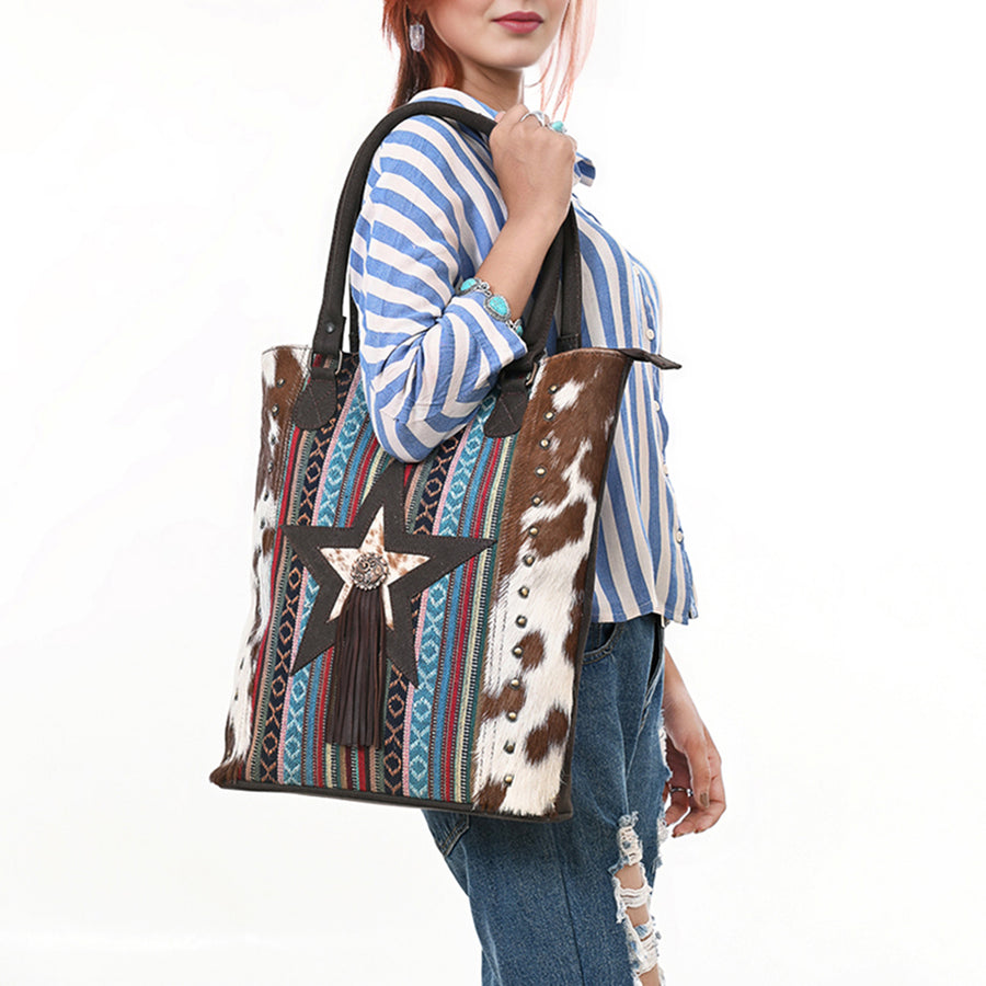 OHLAY Tote Hair On Upcycled Canvas Genuine Leather Women Bag Western Handbag Purse