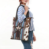 OHLAY Tote Hair On Upcycled Canvas Genuine Leather Women Bag Western Handbag Purse