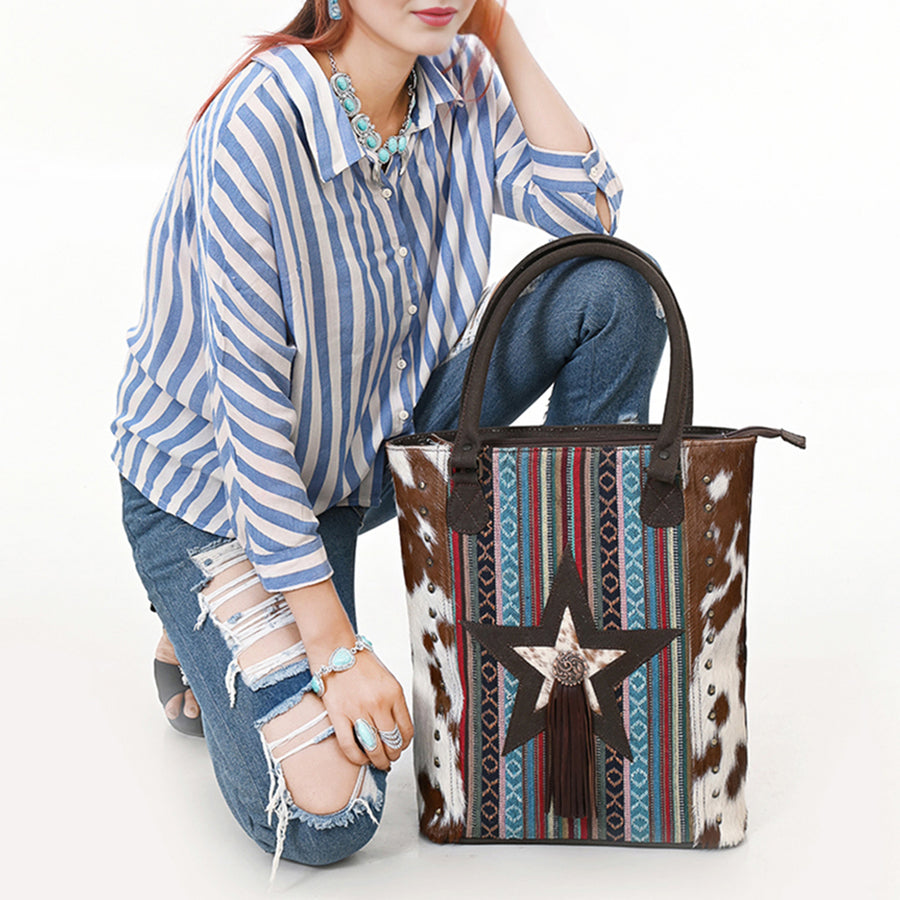 OHLAY Tote Hair On Upcycled Canvas Genuine Leather Women Bag Western Handbag Purse