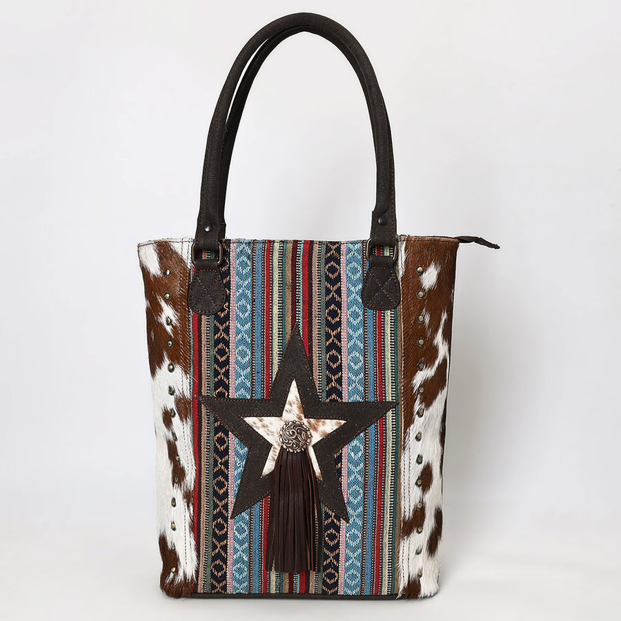 OHLAY Tote Hair On Upcycled Canvas Genuine Leather Women Bag Western Handbag Purse