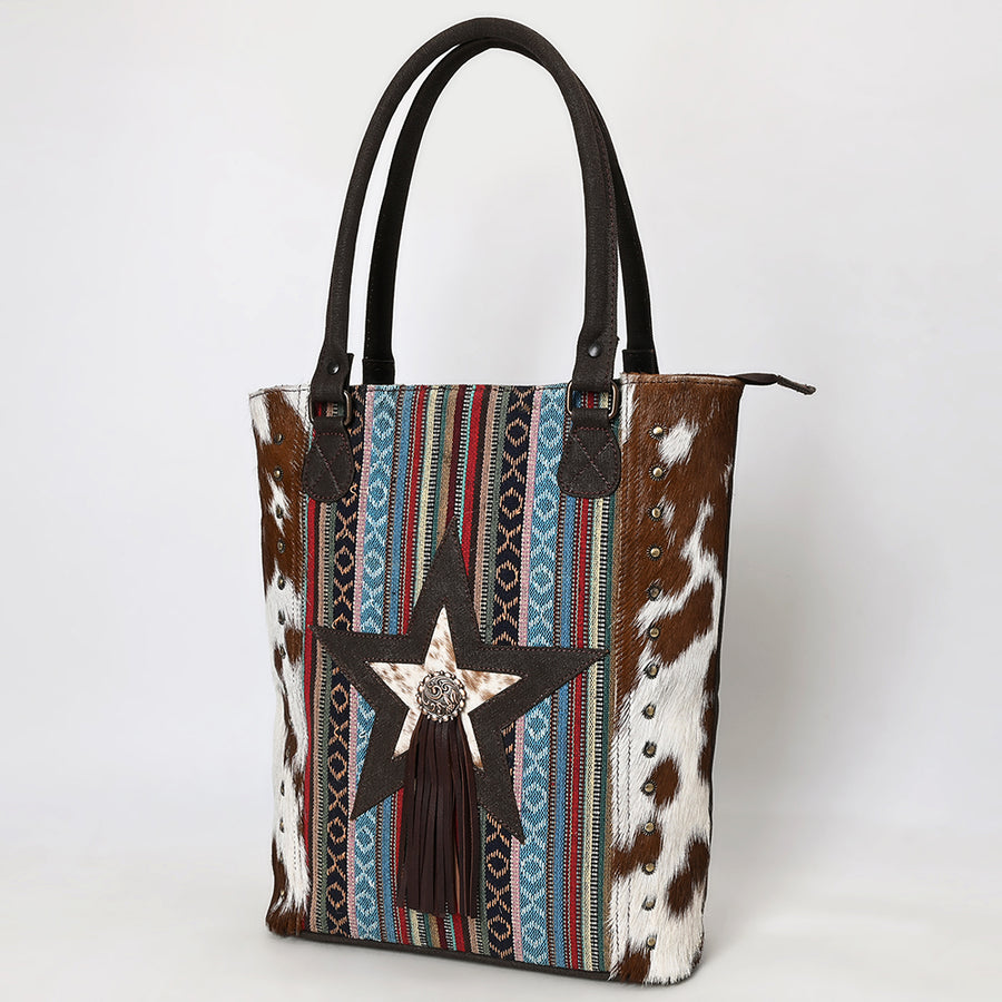 OHLAY Tote Hair On Upcycled Canvas Genuine Leather Women Bag Western Handbag Purse - Uhorse