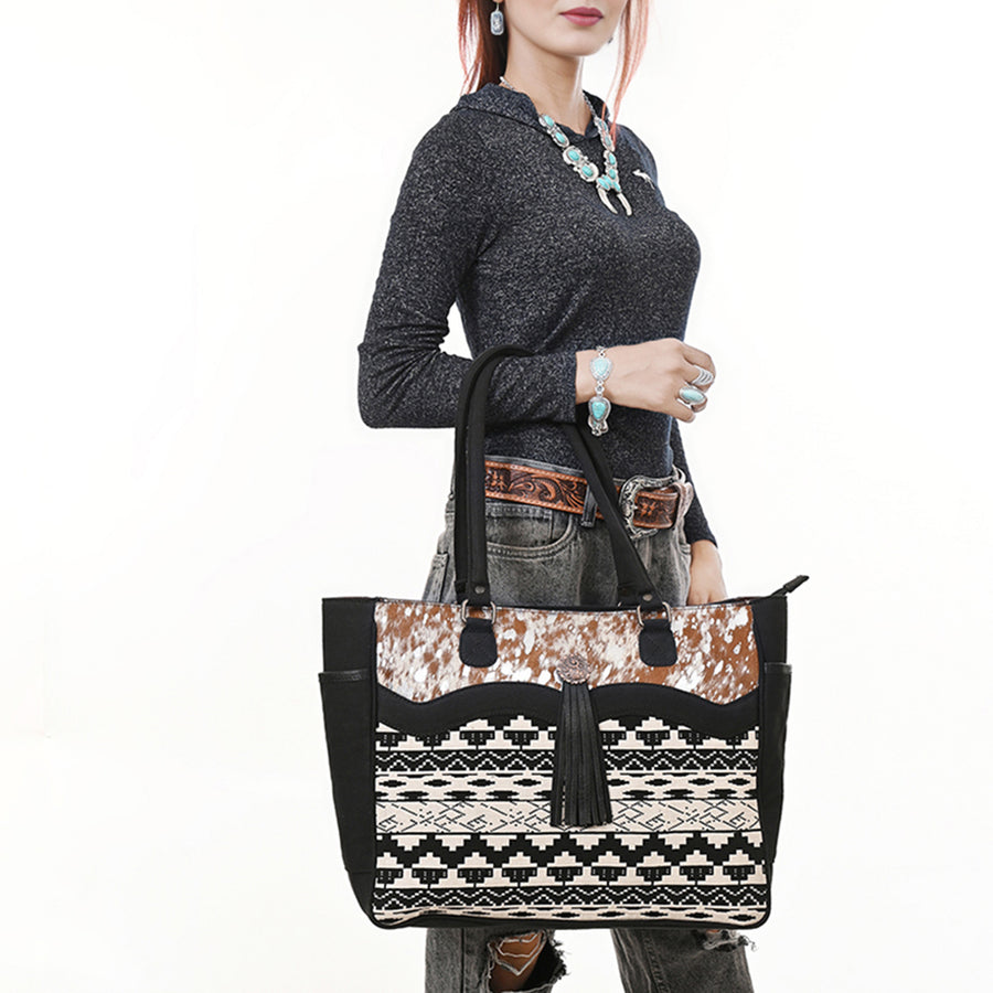 OHLAY Tote Hair On Upcycled Canvas Genuine Leather Women Bag Western Handbag Purse