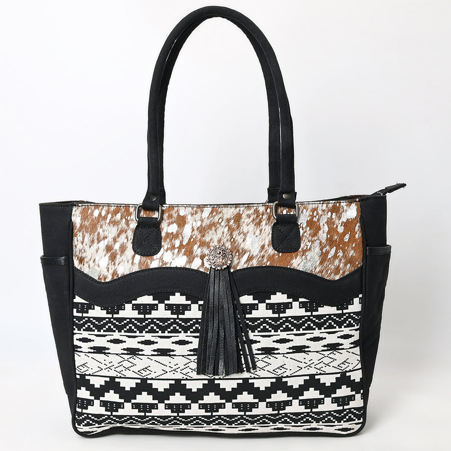 OHLAY Tote Hair On Upcycled Canvas Genuine Leather Women Bag Western Handbag Purse