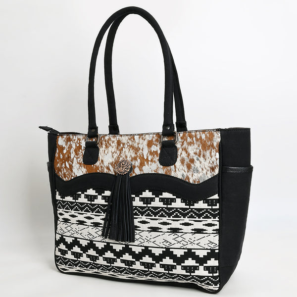 OHLAY Tote Hair On Upcycled Canvas Genuine Leather Women Bag Western Handbag Purse - Uhorse