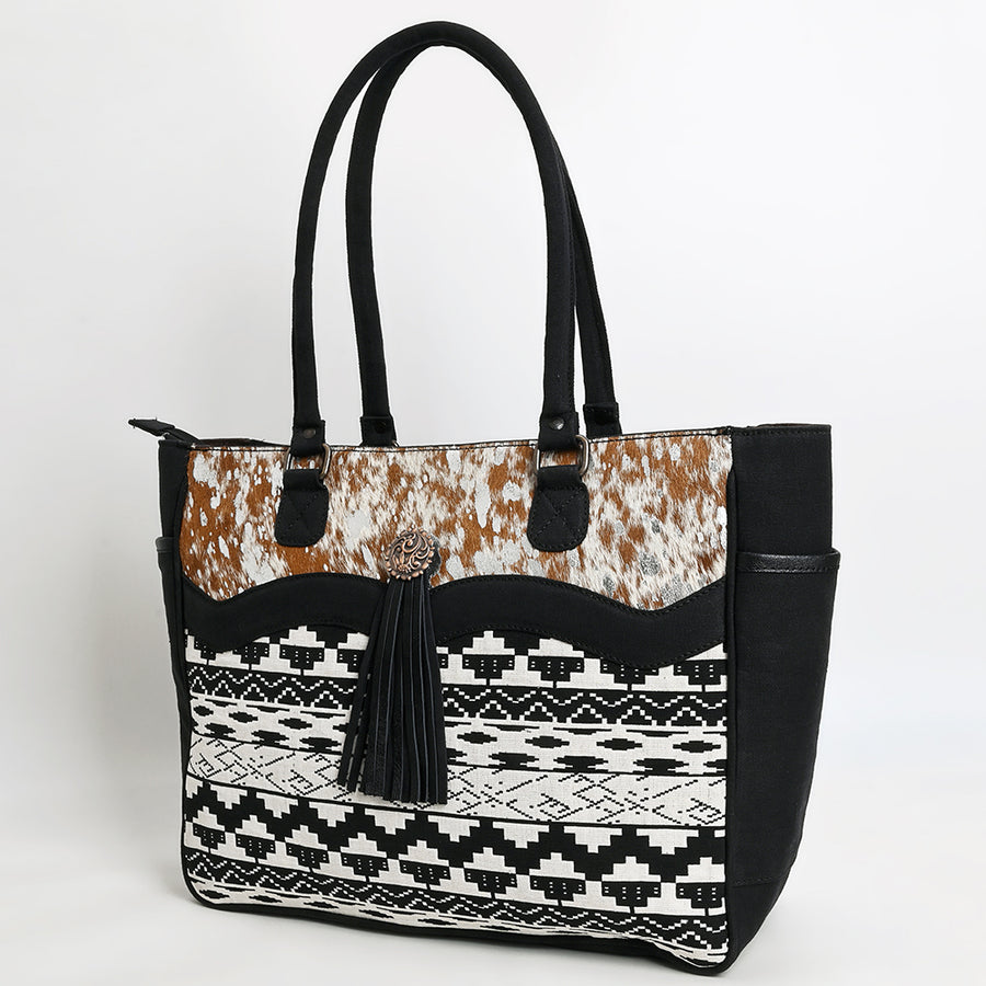 OHLAY Tote Hair On Upcycled Canvas Genuine Leather Women Bag Western Handbag Purse - Uhorse