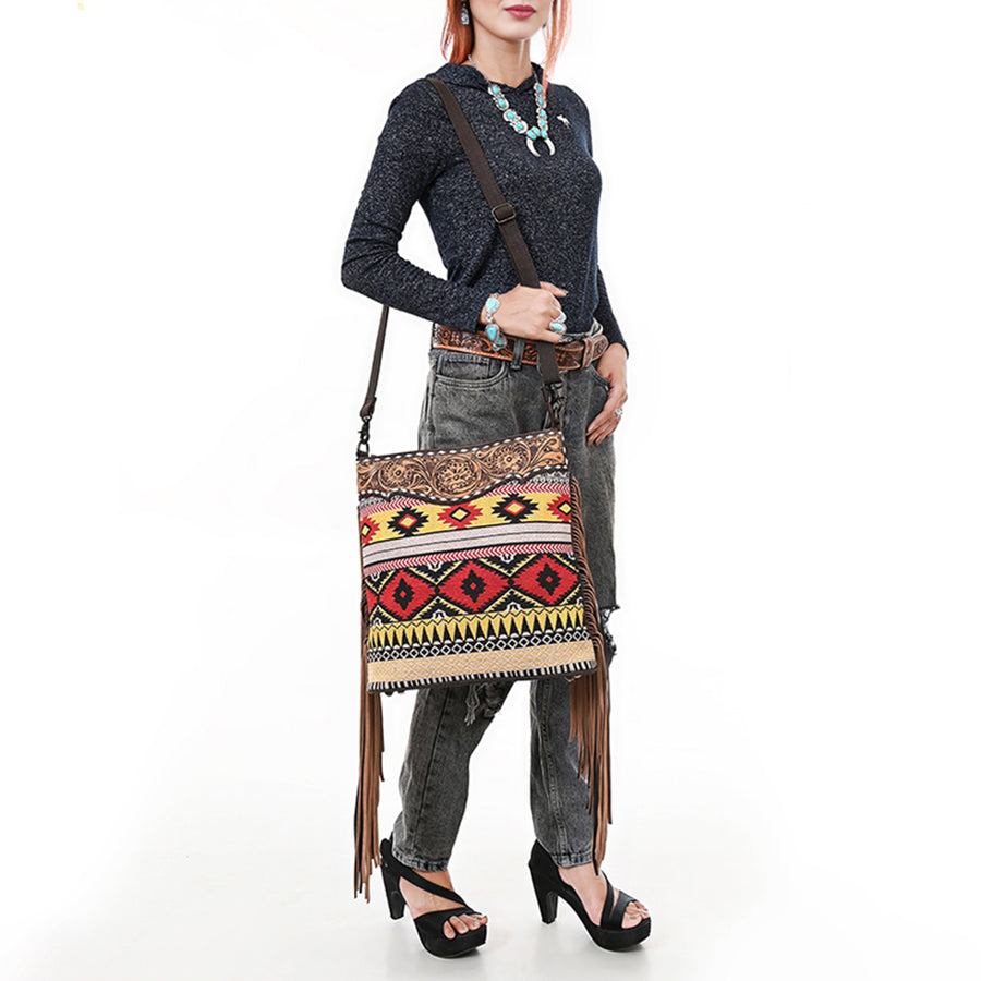 OHLAY Large Crossbody Hand Tooled Upcycled Canvas Genuine Leather Women Bag Western Handbag Purse
