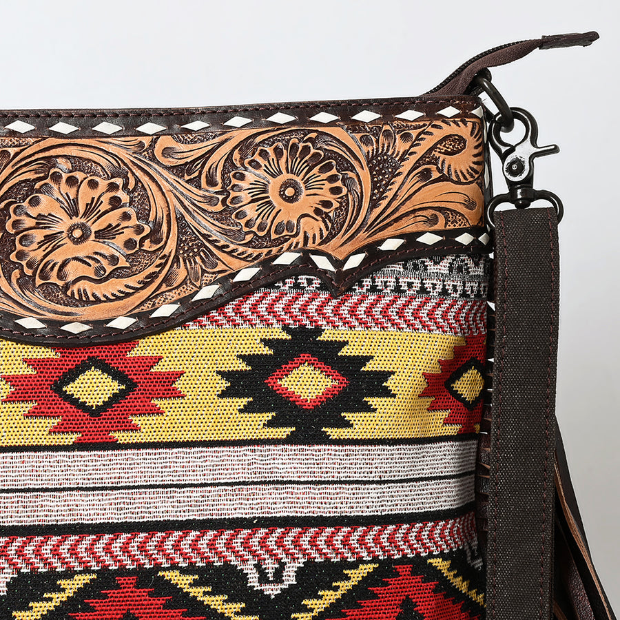 OHLAY Large Crossbody Hand Tooled Upcycled Canvas Genuine Leather Women Bag Western Handbag Purse