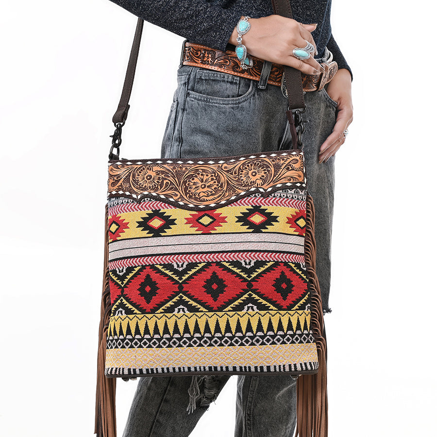 OHLAY Large Crossbody Hand Tooled Upcycled Canvas Genuine Leather Women Bag Western Handbag Purse