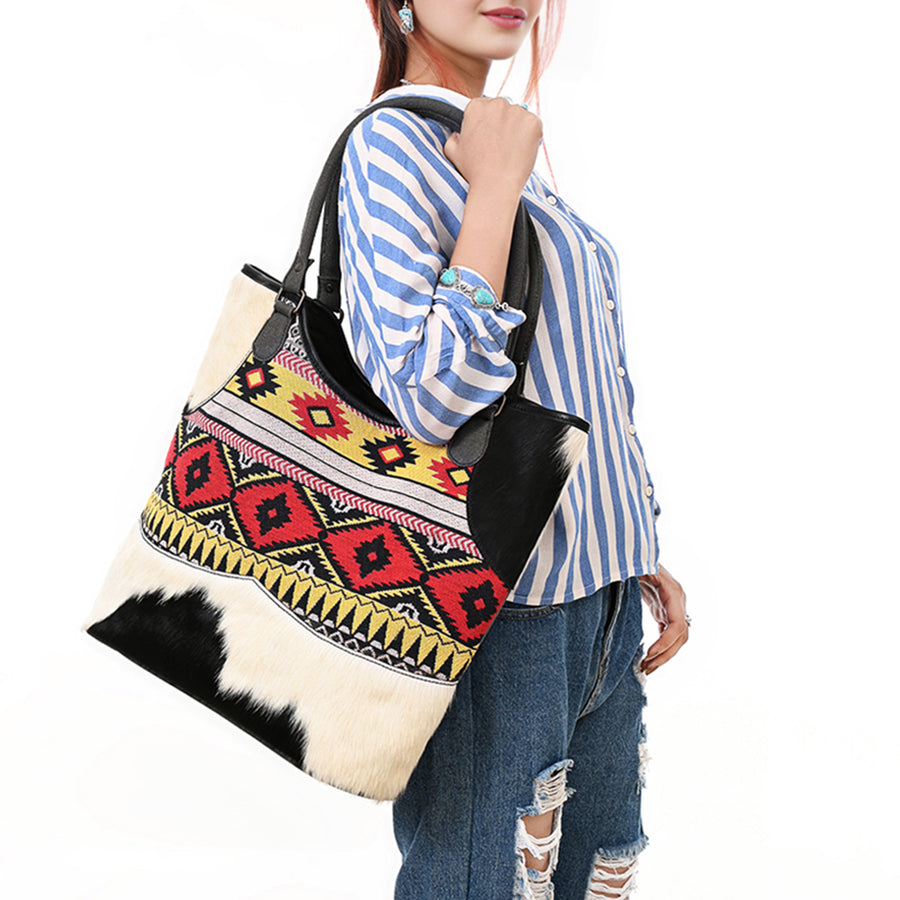 OHLAY Tote Hair On Upcycled Canvas Genuine Leather Women Bag Western Handbag Purse