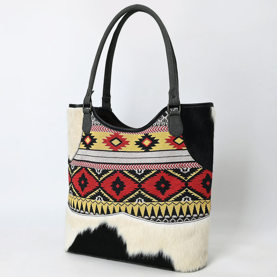 OHLAY Tote Hair On Upcycled Canvas Genuine Leather Women Bag Western Handbag Purse - Uhorse