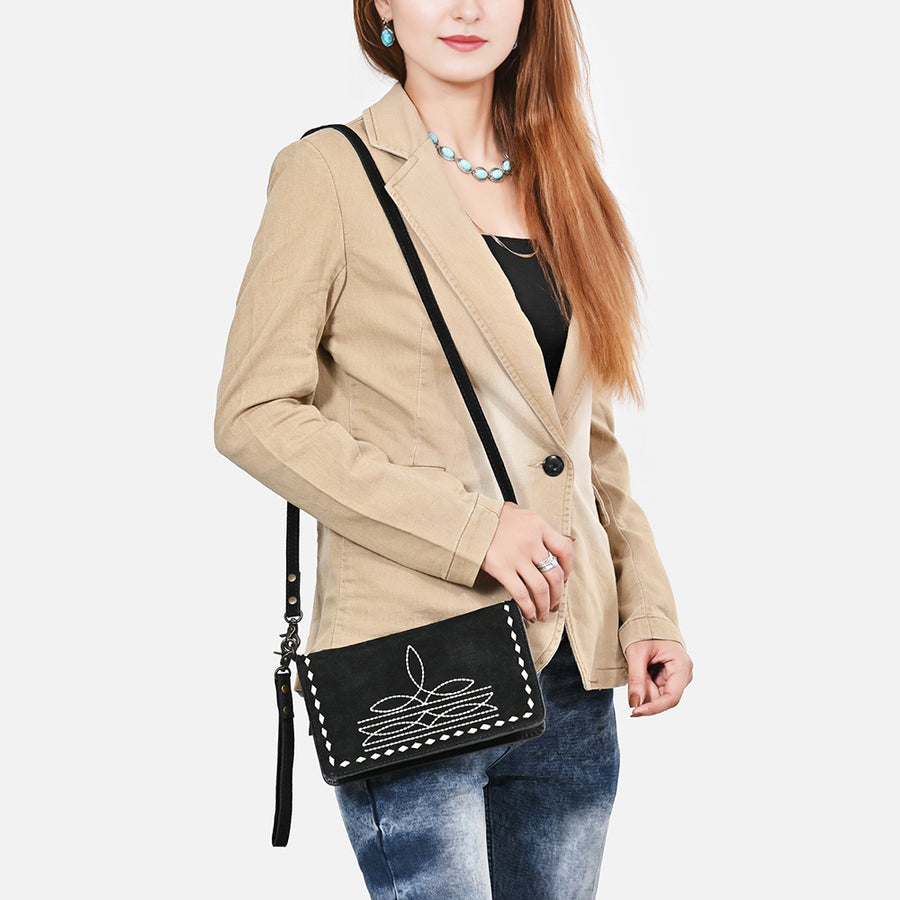 American Darling Western Organizer Bag Handcrafted from Black Genuine Suede Leather | Boot Stitched Flap, Buckstitch Trim & YKK Zipper