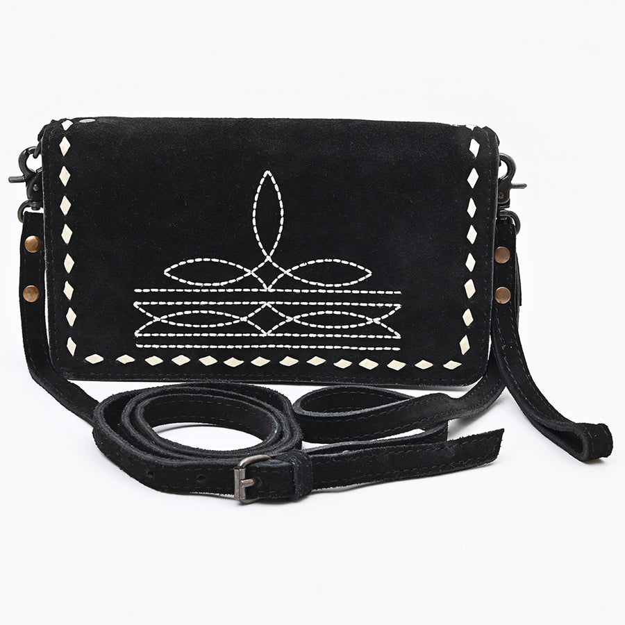 American Darling Western Organizer Bag Handcrafted from Black Genuine Suede Leather | Boot Stitched Flap, Buckstitch Trim & YKK Zipper