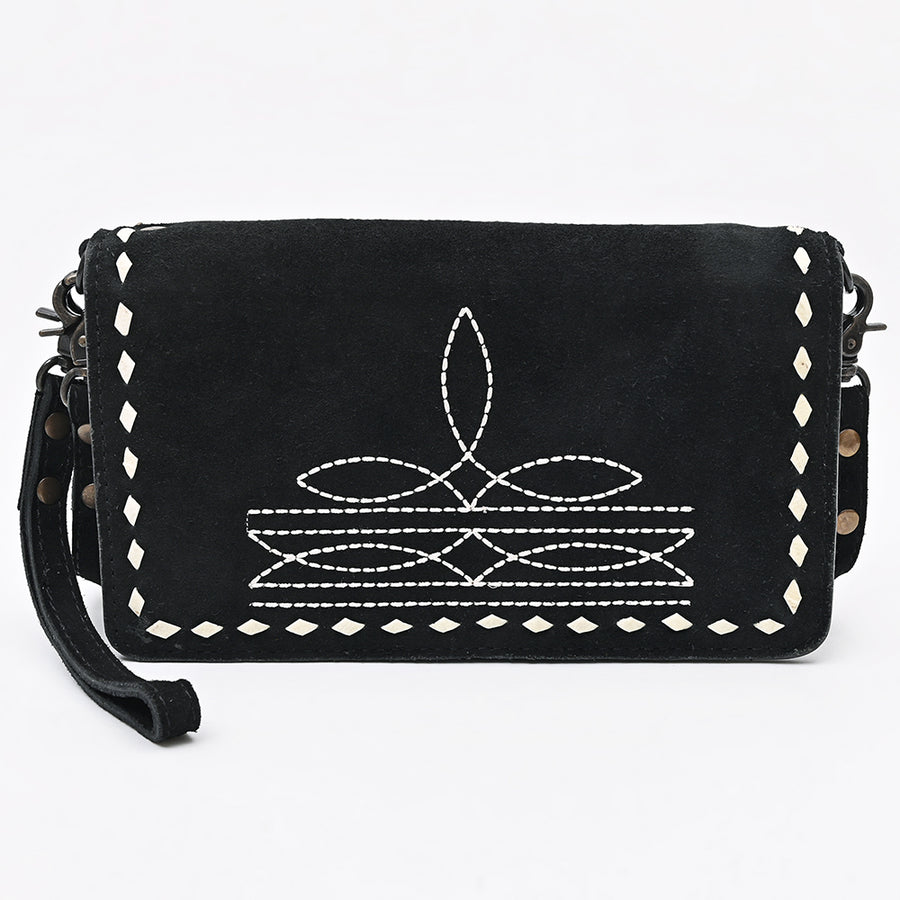 American Darling Western Organizer Bag Handcrafted from Black Genuine Suede Leather | Boot Stitched Flap, Buckstitch Trim & YKK Zipper