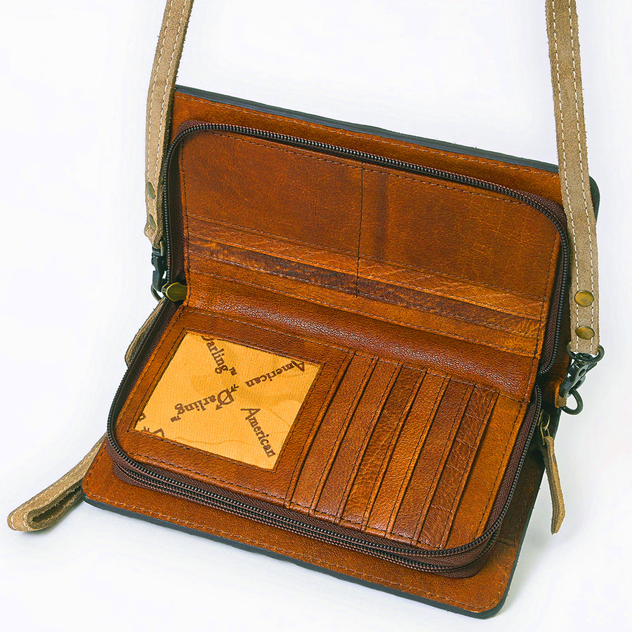American Darling Western Organizer Bag Handcrafted from Black Genuine Suede Leather | Boot Stitched Flap, Buckstitch Trim & YKK Zipper