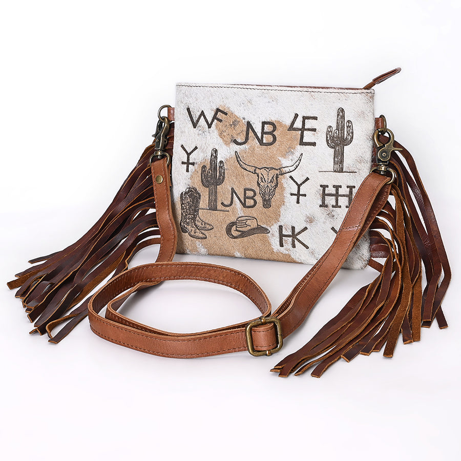 Cream canvas crossbody bag with brown leather fringe and western print - Uhorse