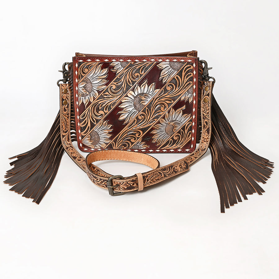 American Darling Messenger Bag Handcrafted from Hand Tooled Floral Carved Genuine Leather with Fringes and YKK Zipper