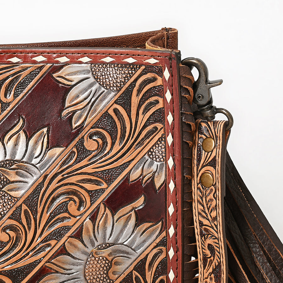 American Darling Messenger Bag Handcrafted from Hand Tooled Floral Carved Genuine Leather with Fringes and YKK Zipper