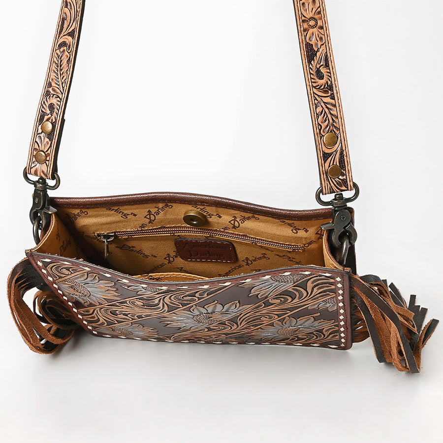 American Darling Messenger Bag Handcrafted from Hand Tooled Floral Carved Genuine Leather with Fringes and YKK Zipper