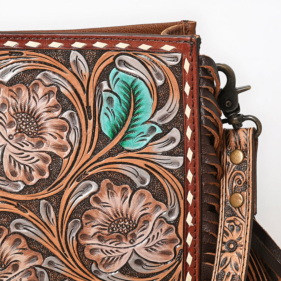 American Darling Messenger Bag Handcrafted from Hand Tooled Floral Carved Genuine Leather with Fringes and YKK Zipper