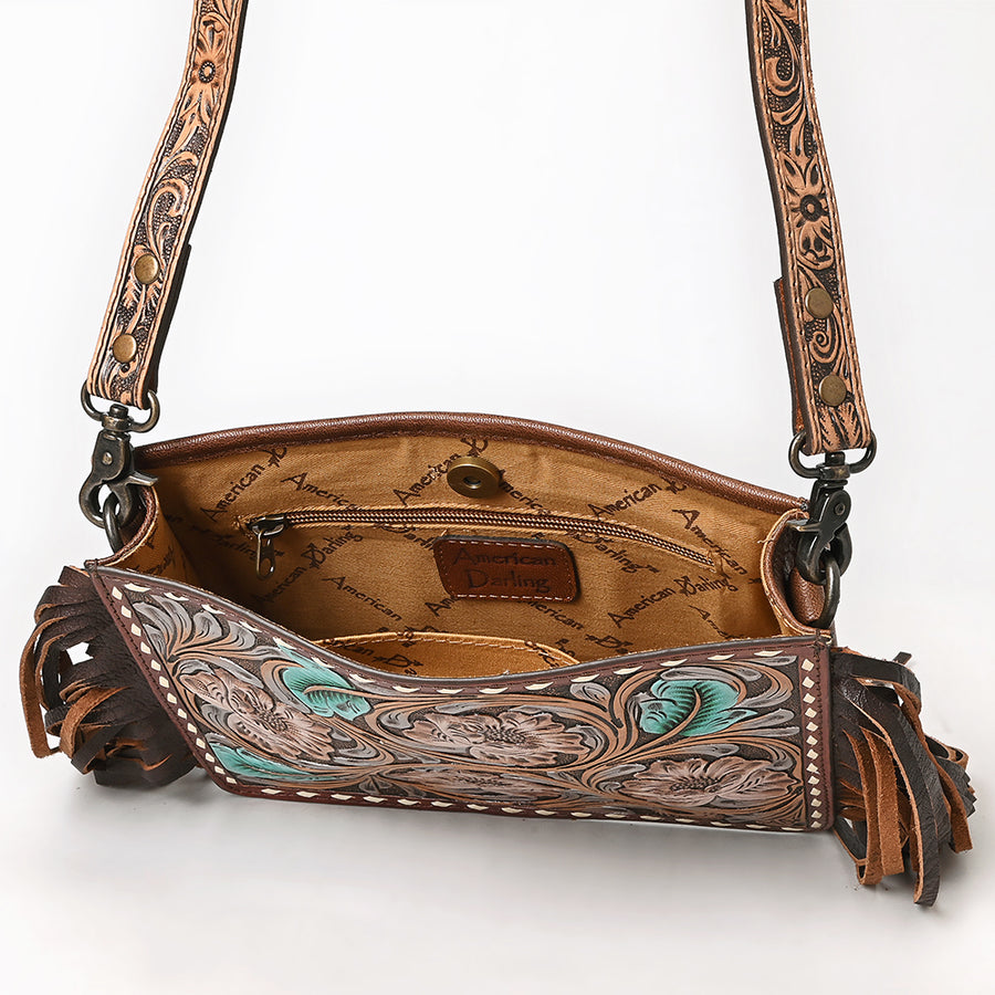 American Darling Messenger Bag Handcrafted from Hand Tooled Floral Carved Genuine Leather with Fringes and YKK Zipper