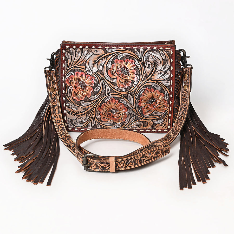 American Darling Messenger Bag Handcrafted from Hand Tooled Floral Carved Genuine Leather with Fringes and YKK Zipper
