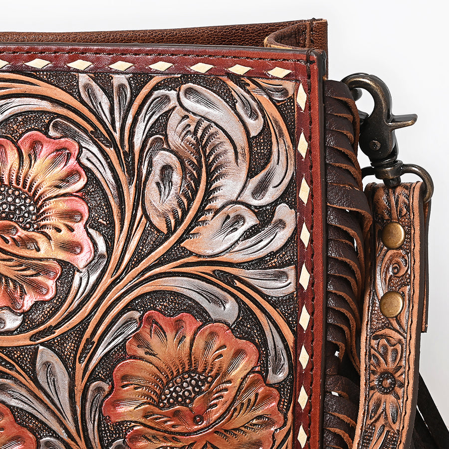 American Darling Messenger Bag Handcrafted from Hand Tooled Floral Carved Genuine Leather with Fringes and YKK Zipper