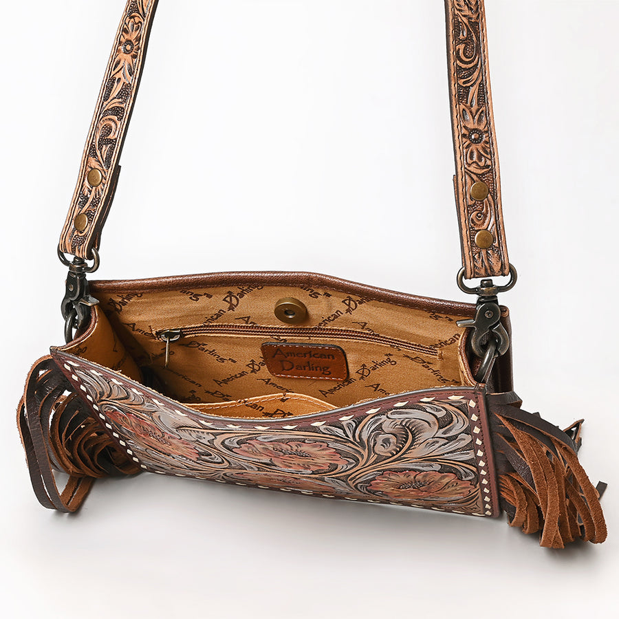 American Darling Messenger Bag Handcrafted from Hand Tooled Floral Carved Genuine Leather with Fringes and YKK Zipper