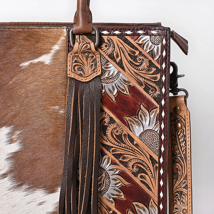American Darling Western Tote Bag Handcrafted from Hair-On Cowhide & Genuine Leather | Fringe, Hand-Tooled Accents & YKK Zipper