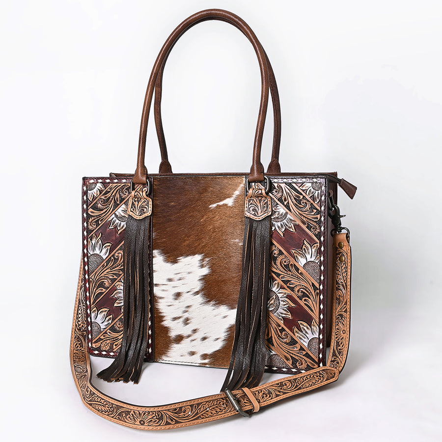 American Darling Hair-On Cowhide Fringe Tote Bag | Hand-Tooled Western Shoulder Bag - Uhorse