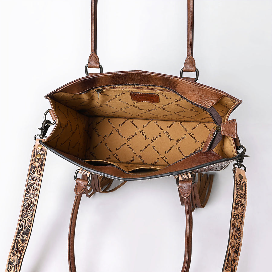 American Darling Western Tote Bag Handcrafted from Hair-On Cowhide & Genuine Leather | Fringe, Hand-Tooled Accents & YKK Zipper