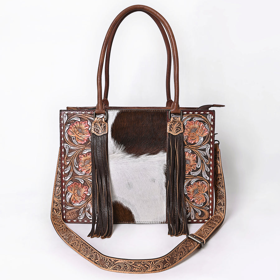 American Darling Western Tote Bag Handcrafted from Hair-On Cowhide & Genuine Leather | Fringe, Hand-Tooled Accents & YKK Zipper