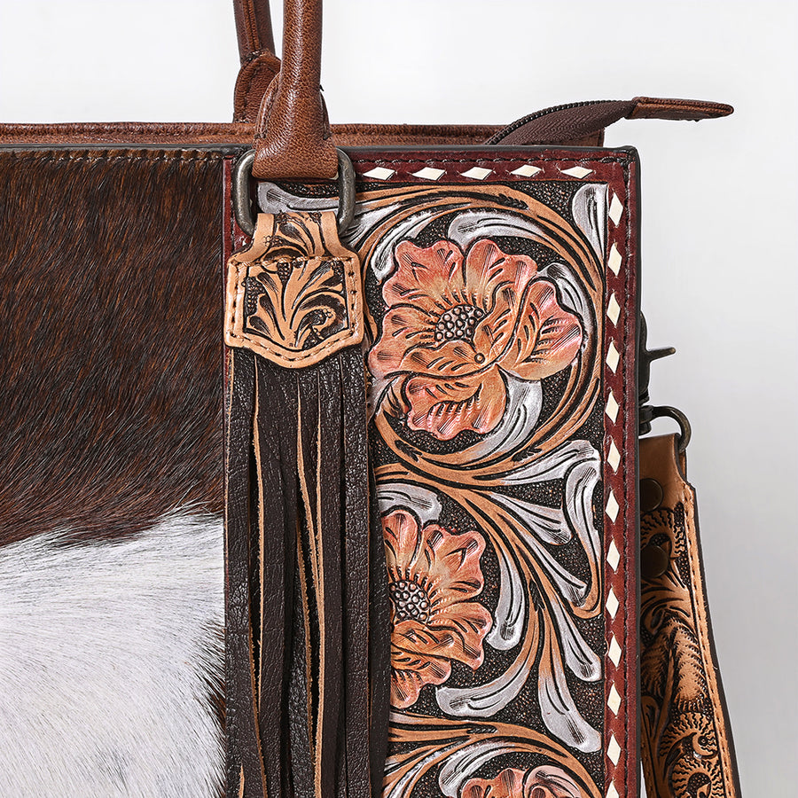 American Darling Western Tote Bag Handcrafted from Hair-On Cowhide & Genuine Leather | Fringe, Hand-Tooled Accents & YKK Zipper