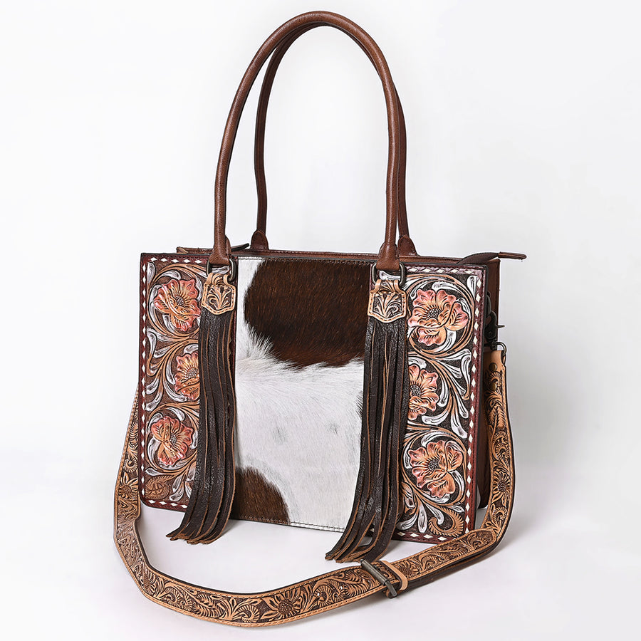 American Darling Hair-On Cowhide Fringe Tote Bag | Hand-Tooled Western Shoulder Bag - Uhorse
