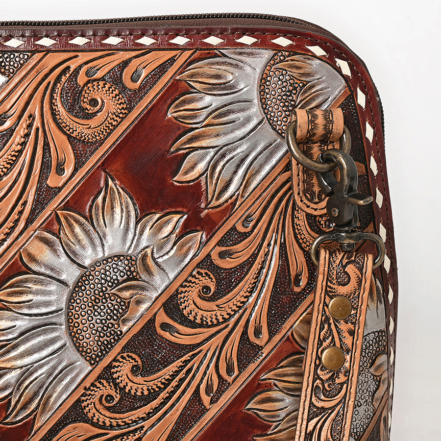 American Darling Western Cross Body Bag Handcrafted from Hand Tooled Genuine Leather | Sunflower Design, Buckstitch Trim & YKK Zipper