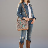 American Darling Western Cross Body Bag Handcrafted from Hand Tooled Genuine Leather | Sunflower Design, Buckstitch Trim & YKK Zipper