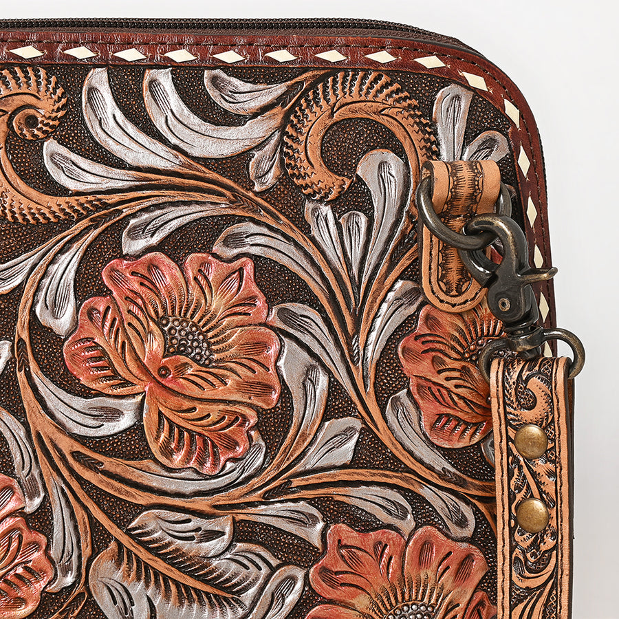 American Darling Western Cross Body Bag Handcrafted from Hand Tooled Genuine Leather | Sunflower Design, Buckstitch Trim & YKK Zipper