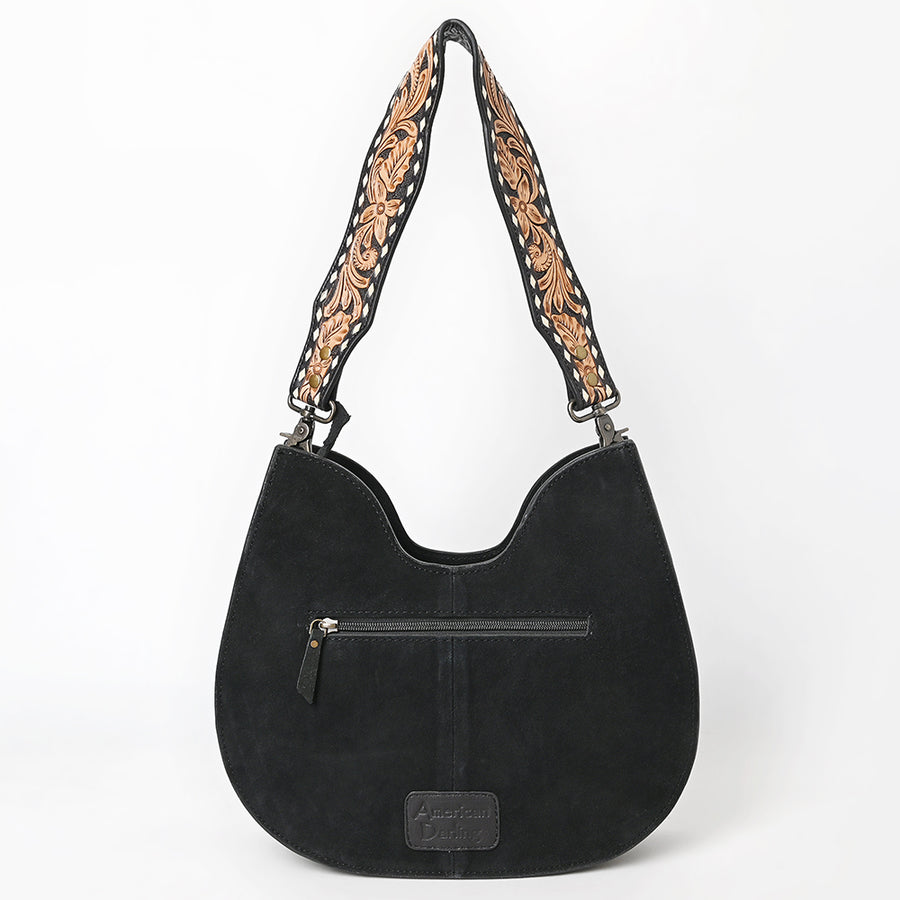 American Darling Western Hobo Bag Handcrafted from Black Genuine Suede Leather | Boot Stitched Front, Hand-Tooled Floral Strap & YKK Zipper