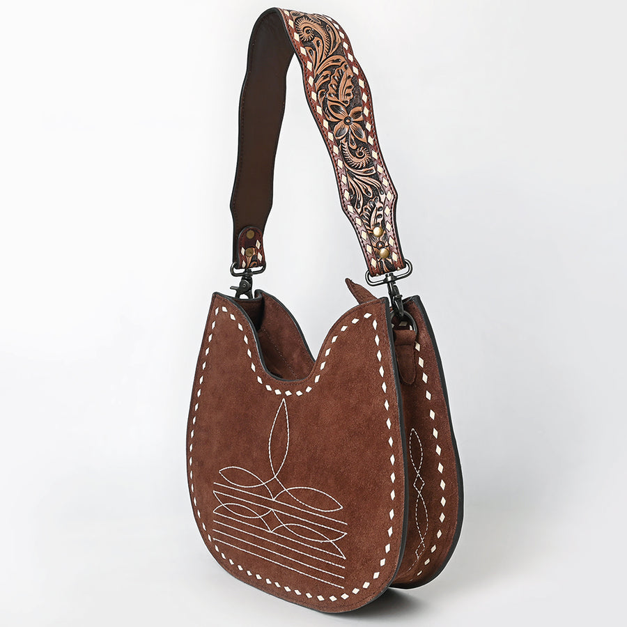 American Darling Western Hobo Bag Handcrafted from Black Genuine Suede Leather | Boot Stitched Front, Hand-Tooled Floral Strap & YKK Zipper