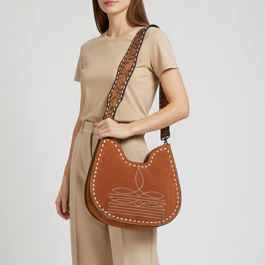 American Darling Western Hobo Bag Handcrafted from Black Genuine Suede Leather | Boot Stitched Front, Hand-Tooled Floral Strap & YKK Zipper