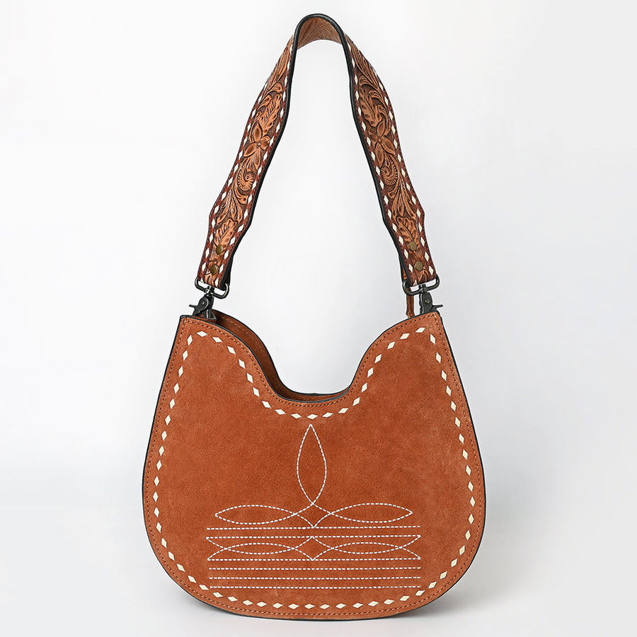 American Darling Western Hobo Bag Handcrafted from Black Genuine Suede Leather | Boot Stitched Front, Hand-Tooled Floral Strap & YKK Zipper