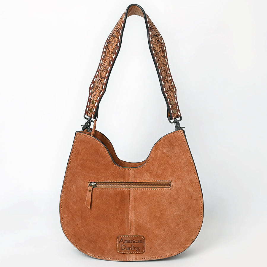 American Darling Western Hobo Bag Handcrafted from Black Genuine Suede Leather | Boot Stitched Front, Hand-Tooled Floral Strap & YKK Zipper