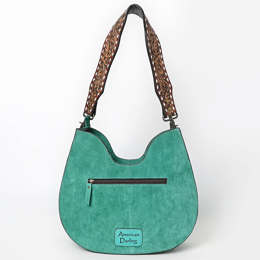 American Darling Western Hobo Bag Handcrafted from Black Genuine Suede Leather | Boot Stitched Front, Hand-Tooled Floral Strap & YKK Zipper