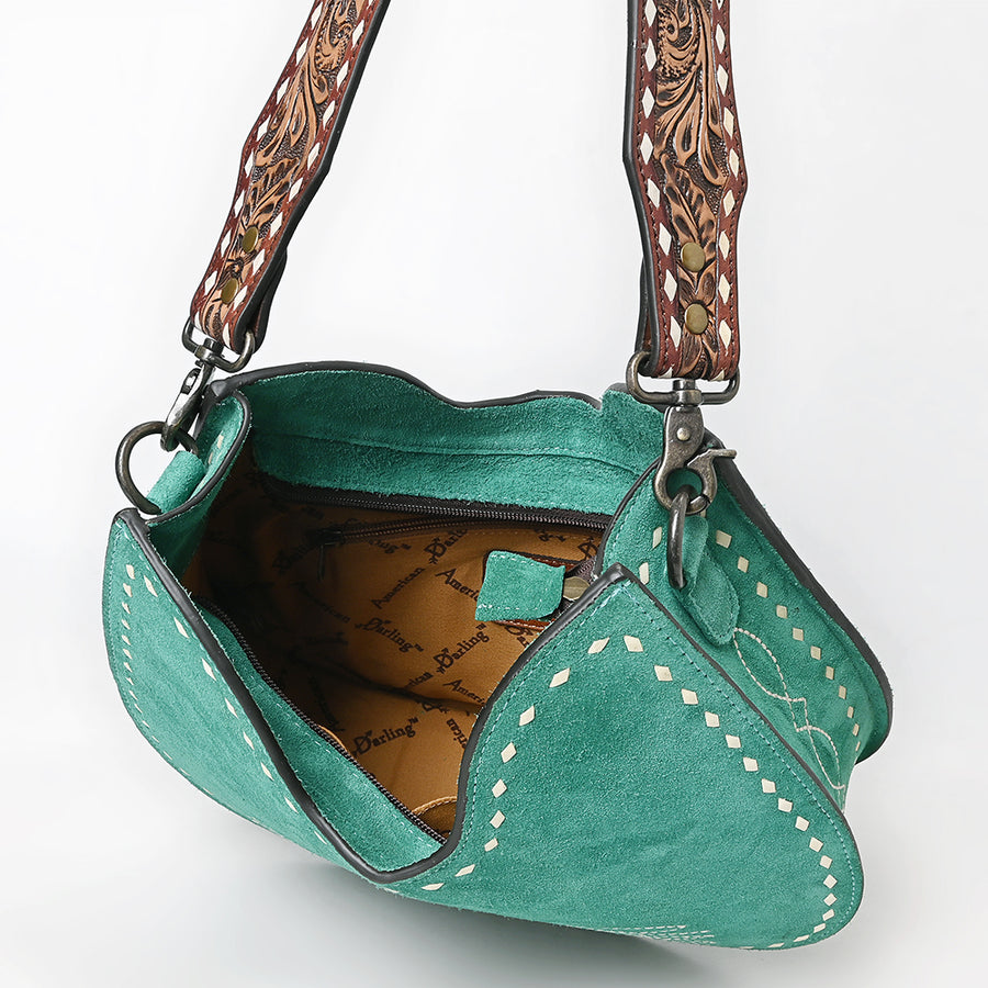 American Darling Western Hobo Bag Handcrafted from Black Genuine Suede Leather | Boot Stitched Front, Hand-Tooled Floral Strap & YKK Zipper