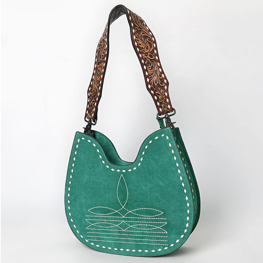 American Darling Genuine Suede Hobo Bag | Boot Stitched Hand-Tooled Leather Strap - Uhorse