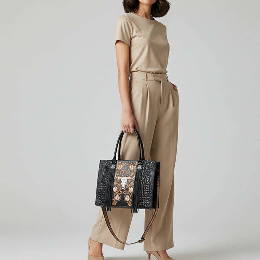 American Darling Western Tote Bag for Women, Hand Tooled Floral Carved & Crocodile Embossed Leather, Longhorn Motif with Fringe