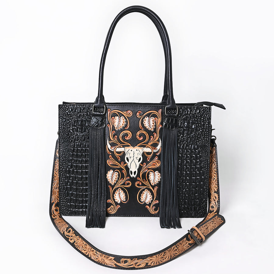 American Darling Western Tote Bag for Women, Hand Tooled Floral Carved & Crocodile Embossed Leather, Longhorn Motif with Fringe