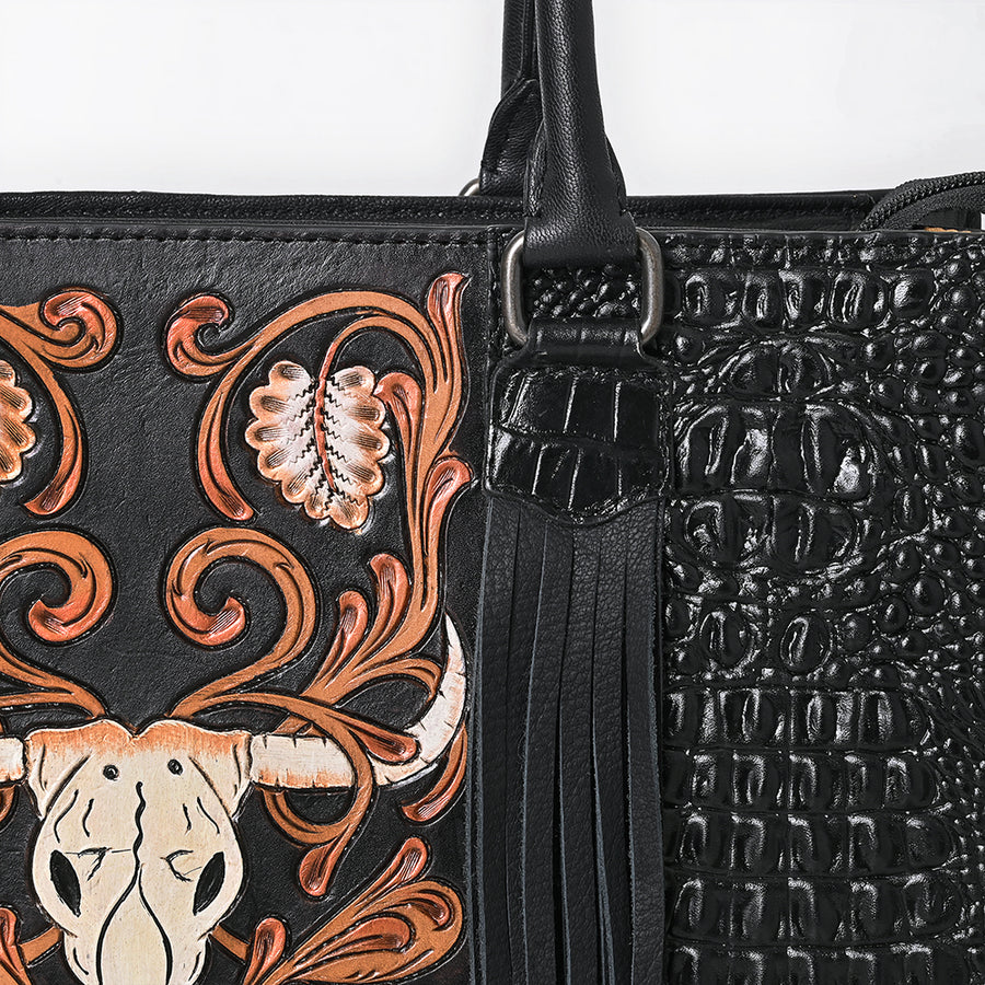 American Darling Western Tote Bag for Women, Hand Tooled Floral Carved & Crocodile Embossed Leather, Longhorn Motif with Fringe