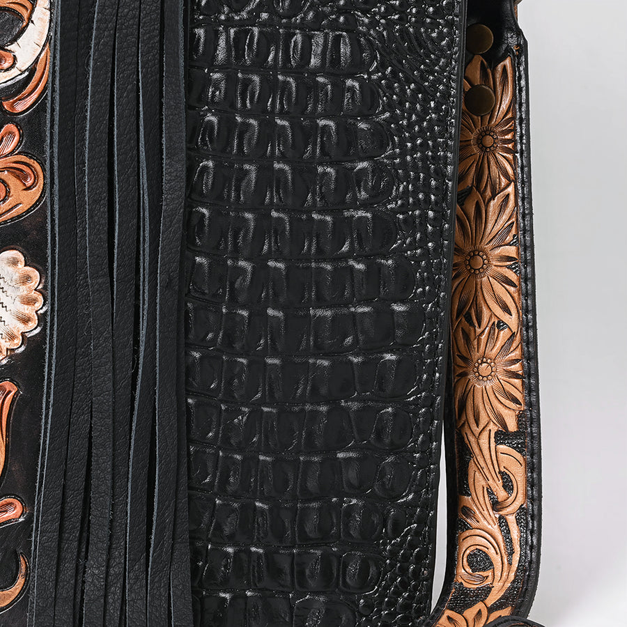 American Darling Western Tote Bag for Women, Hand Tooled Floral Carved & Crocodile Embossed Leather, Longhorn Motif with Fringe