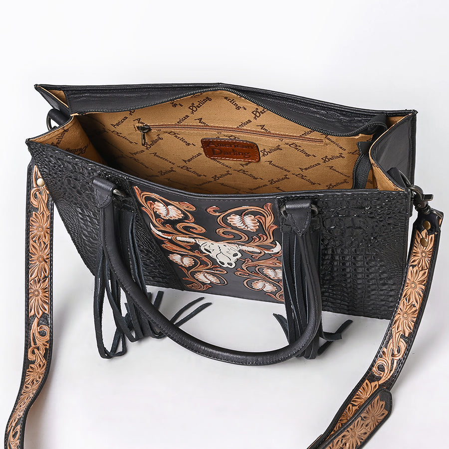 American Darling Western Tote Bag for Women, Hand Tooled Floral Carved & Crocodile Embossed Leather, Longhorn Motif with Fringe